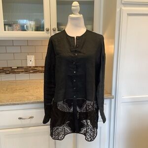 Como 100% Linen Tunic Black Size Large Lace Hem